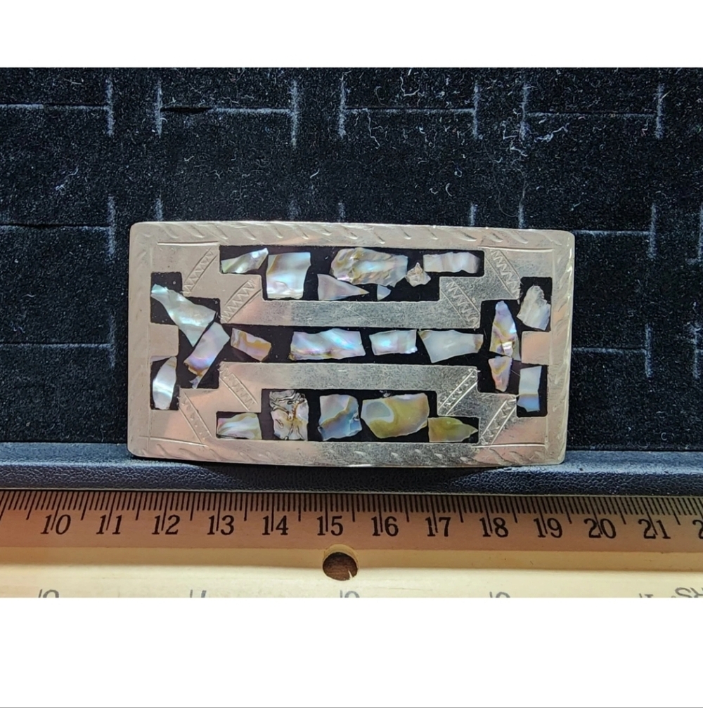 Vintage Sterling Silver/Abalone/Mother Of Pearl Inlaid Belt Buckle